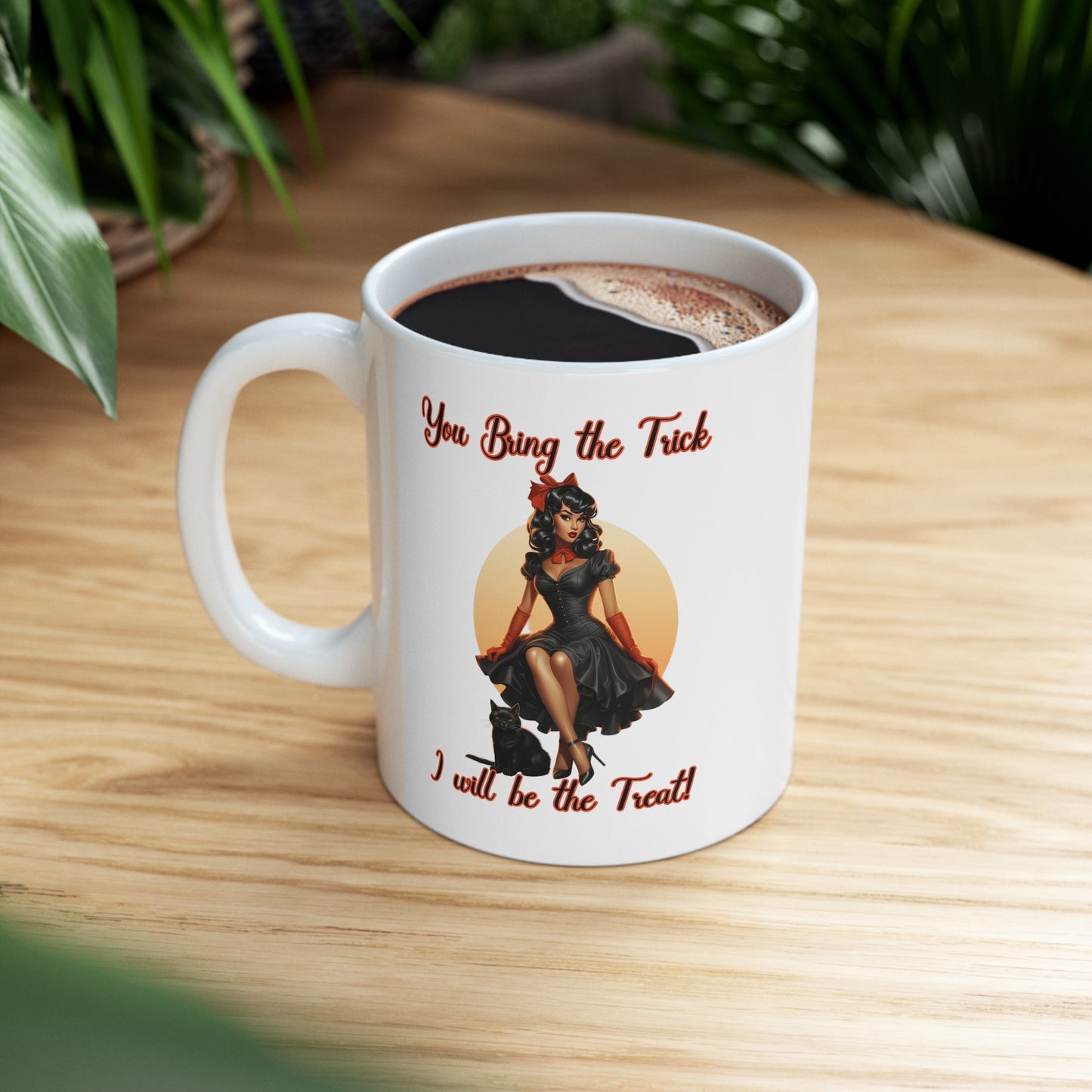 Vintage Pinup Witch: Sip Your Spells in Style "You bring the Trick I will be the Treat" Halloween Ceramic 11oz Mug gifts for her