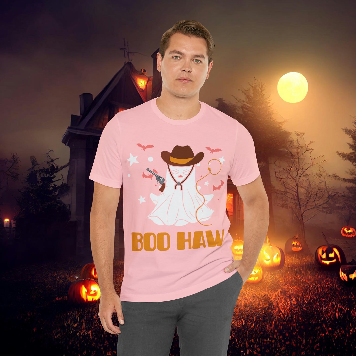 Ghost Cowboy Gunslinger saying Boo Haw Retro Western Halloween Unisex Jersey Short Sleeve Tee Gifts for Her Gifts for Him