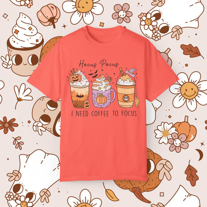 Hocus Pocus I need Coffee to Focus Retro Groovy Halloween Unisex Garment-Dyed T-shirt Gifts for Him Gifts for Her