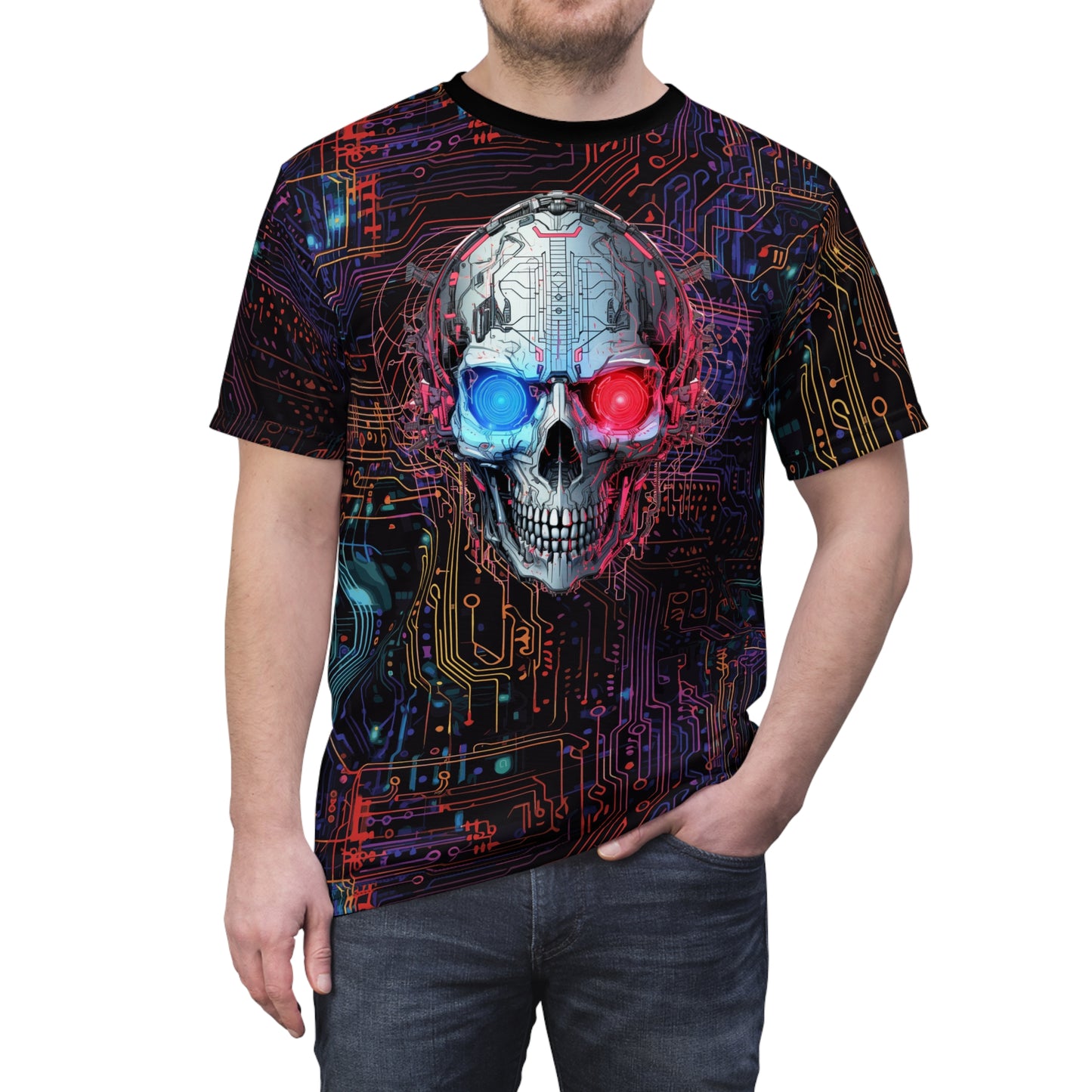 CyberPunk Futuristic Cybernetic Skull With Glowing Blue and Red Eyes breaking through a Neon Circuit Board Unisex Cut & Sew Tee (AOP)