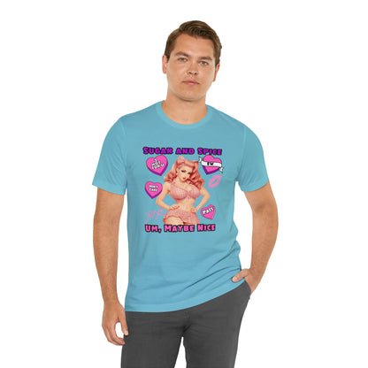 Sarcastic Elegance: Vintage Pink Pinup Girl "Sugar and Spice" on a Bella+Canva 3001 Unisex Jersey T-Shirt - A Must-Have Gift for her