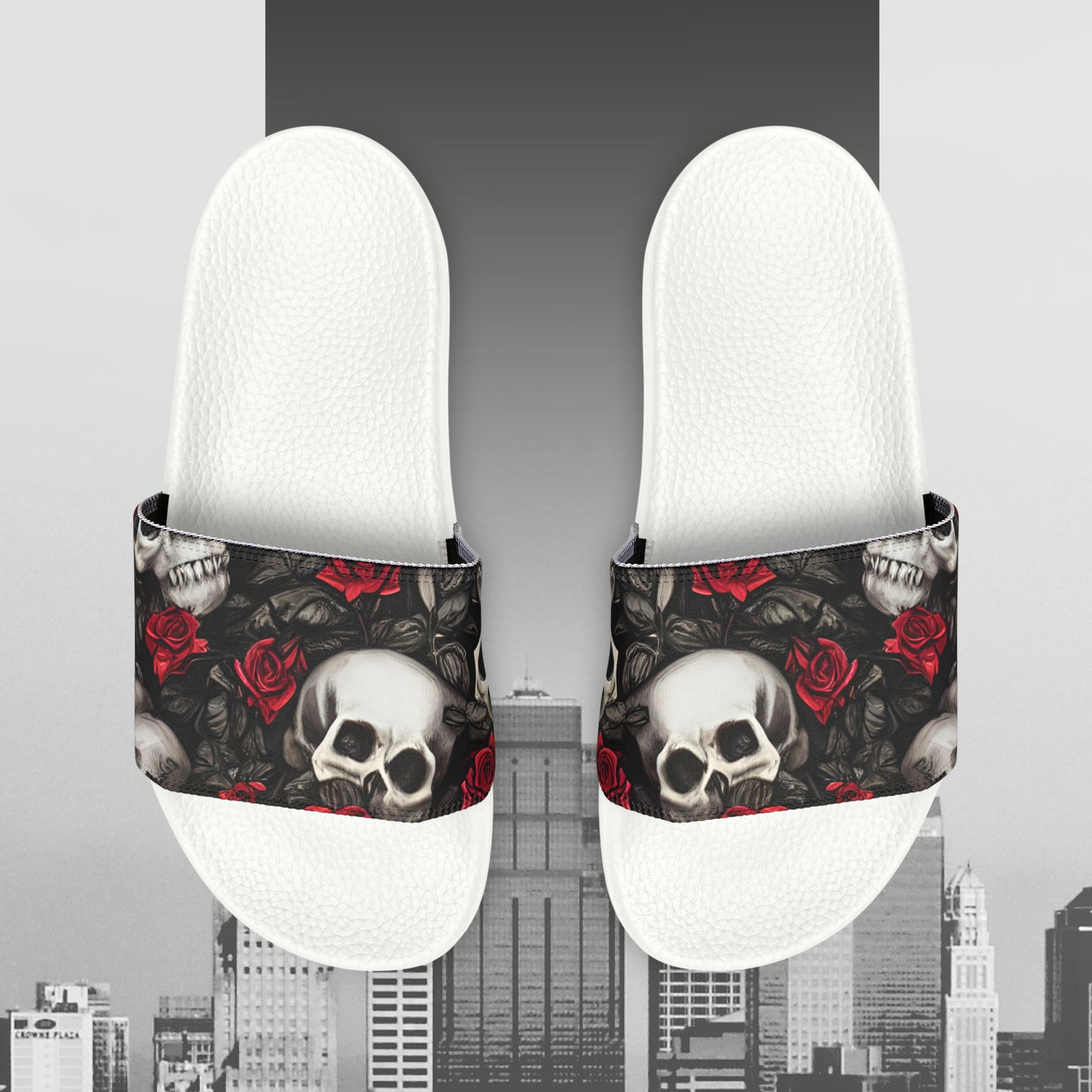 Hyper Realistic Skulls and Red Roses by artist Anne-Laure Goupil Men's PU Slide Sandals