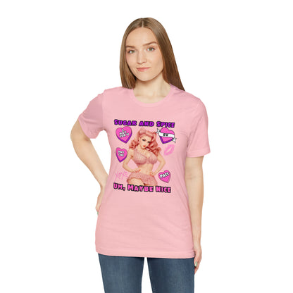 Sarcastic Elegance: Vintage Pink Pinup Girl "Sugar and Spice" on a Bella+Canva 3001 Unisex Jersey T-Shirt - A Must-Have Gift for her