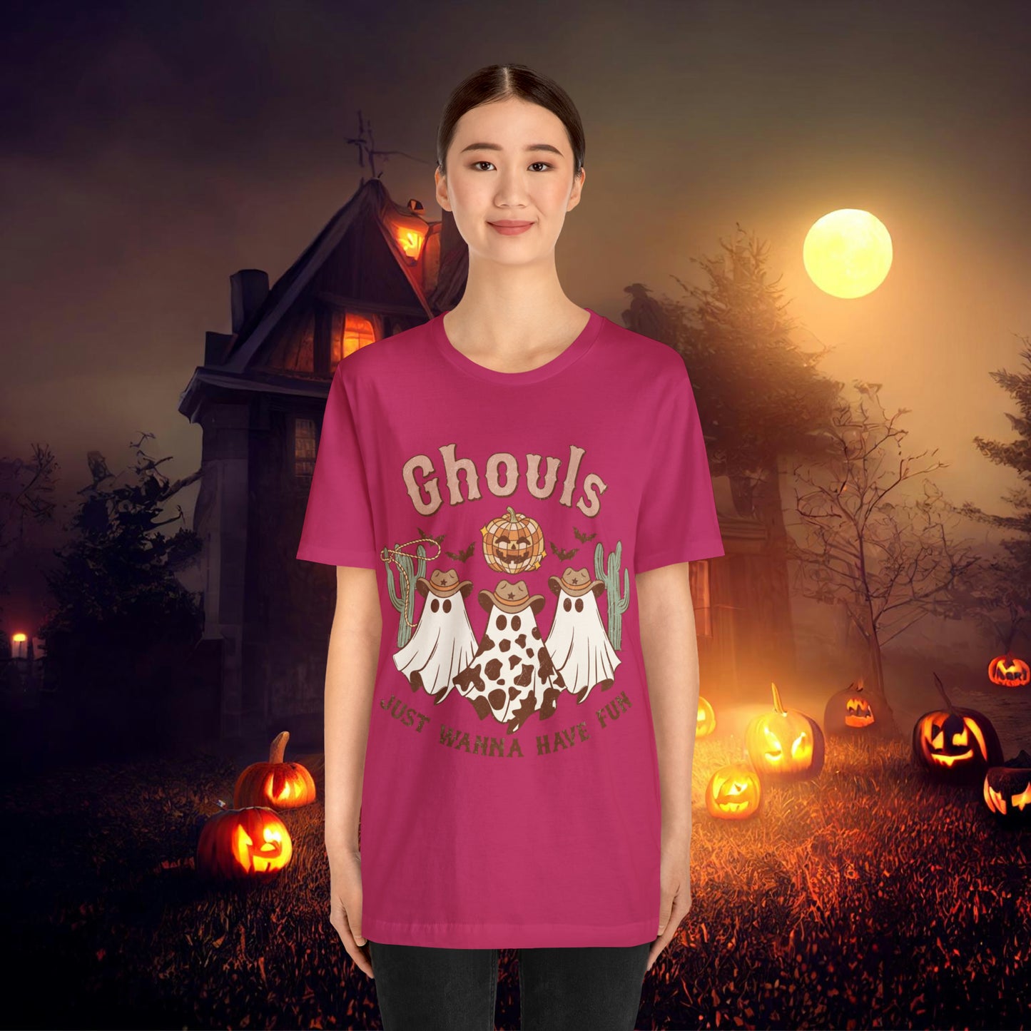 Ghouls Just wanna have fun Cowgirl Ghosts Retro Halloween Unisex Jersey Short Sleeve Tee Gifts for her