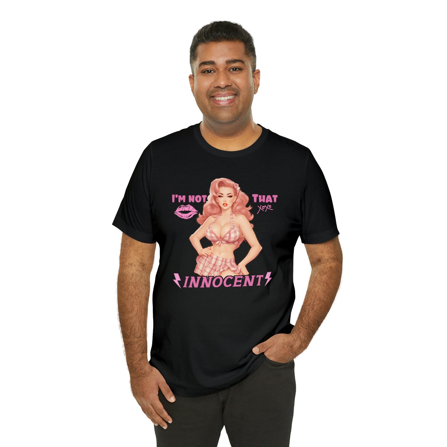 Timeless Elegance: Vintage Pink Pinup Girl "I'm not that Innocent on a Bella+Canva 3001 Unisex Jersey T-Shirt - A Must-Have Gift for her