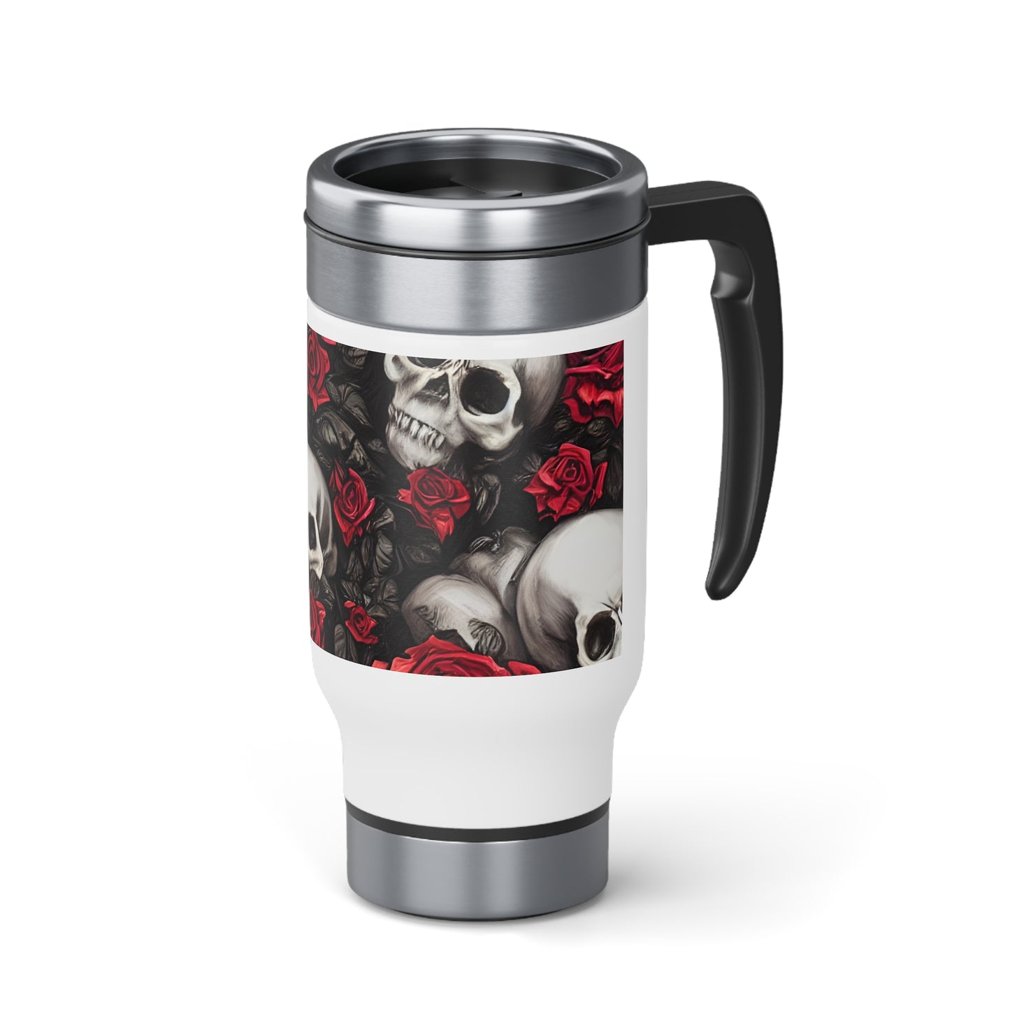 Hyper Realistic Skulls and Red Roses by artist Anne-Laure Goupil Stainless Steel Travel Mug with Handle, 14oz