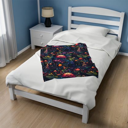 Fairy Tale Magical Forest With Colorful Mushrooms Velveteen Plush Blanket