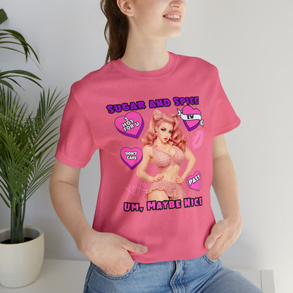 Sarcastic Elegance: Vintage Pink Pinup Girl "Sugar and Spice" on a Bella+Canva 3001 Unisex Jersey T-Shirt - A Must-Have Gift for her