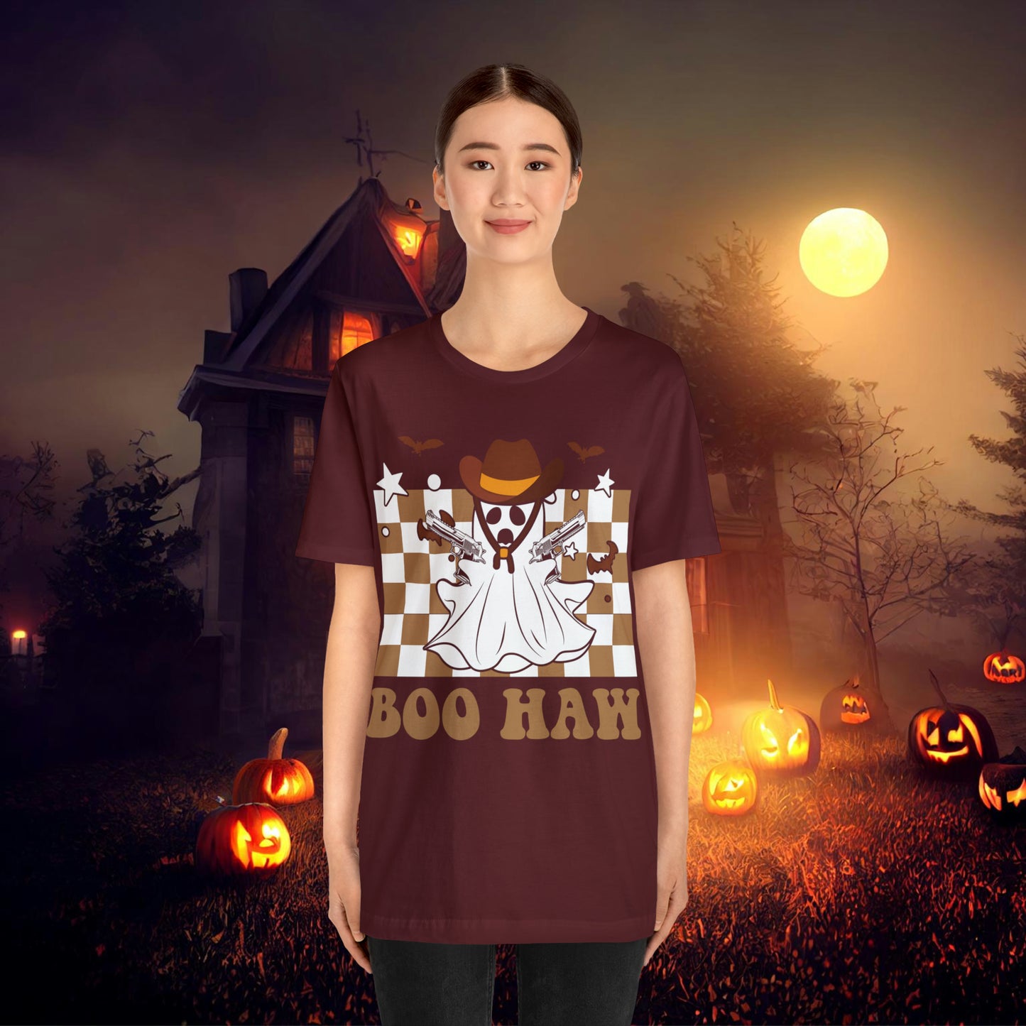 Cowboy Gunslinging Ghost saying Boo Haw Retro Western Halloween Unisex Jersey Short Sleeve Tee Gifts for Him Gifts for Her