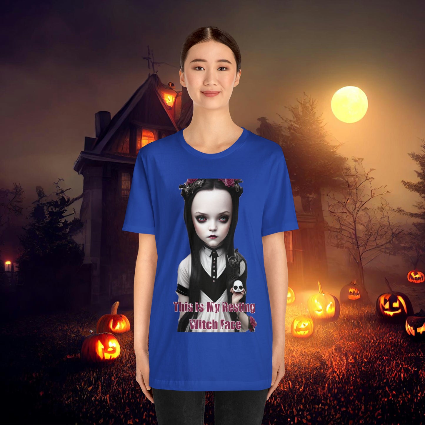 Wednesday Addams Chibi by Charlie Bowater This Is my Resting Witch Face Halloween Unisex Jersey Short Sleeve Tee