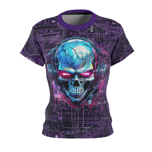 CyberPunk Cybernetic Skull breaking through a Purple Neon Circuit Board Women's Cut & Sew Tee (AOP)