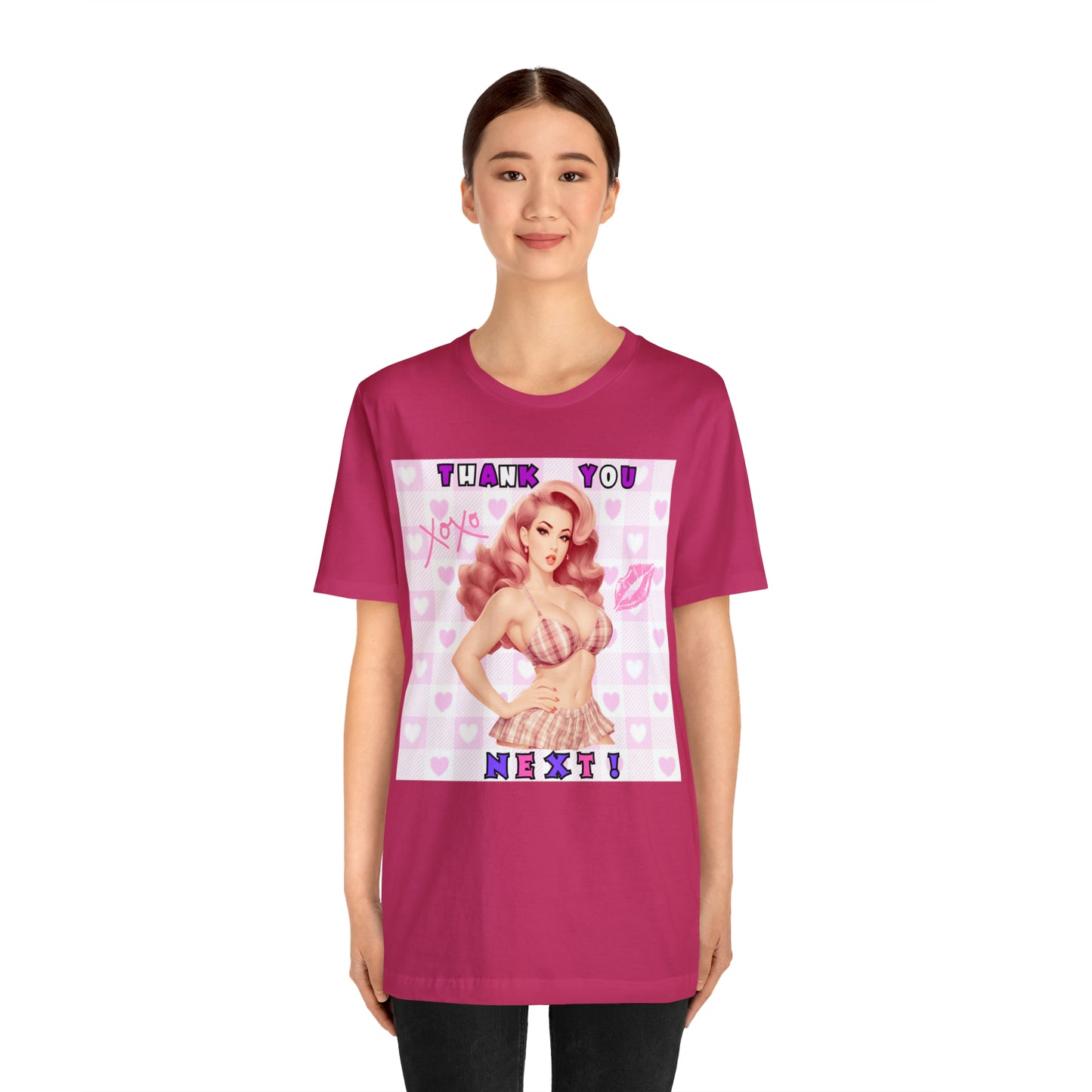 Timeless Elegance: Vintage Pink Pinup Girl "Thank You Next" on a Bella+Canva 3001 Unisex Jersey T-Shirt - A Must-Have Gift for her