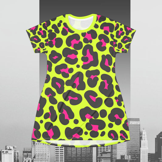 Neon Pink Leopard print on Bright Yellow T-Shirt Dress (AOP)