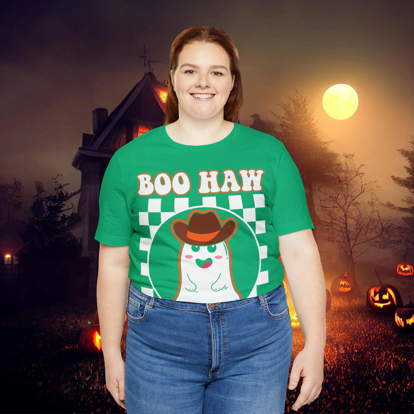 Cute Cowboy Ghost Saying Boo Haw Retro Groovy Western Halloween Unisex Jersey Short Sleeve Tee Gifts for Him Gifts For Her