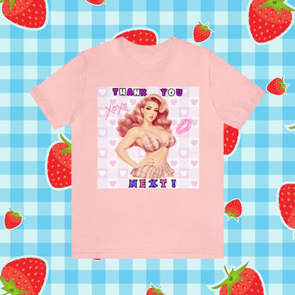 Timeless Elegance: Vintage Pink Pinup Girl "Thank You Next" on a Bella+Canva 3001 Unisex Jersey T-Shirt - A Must-Have Gift for her