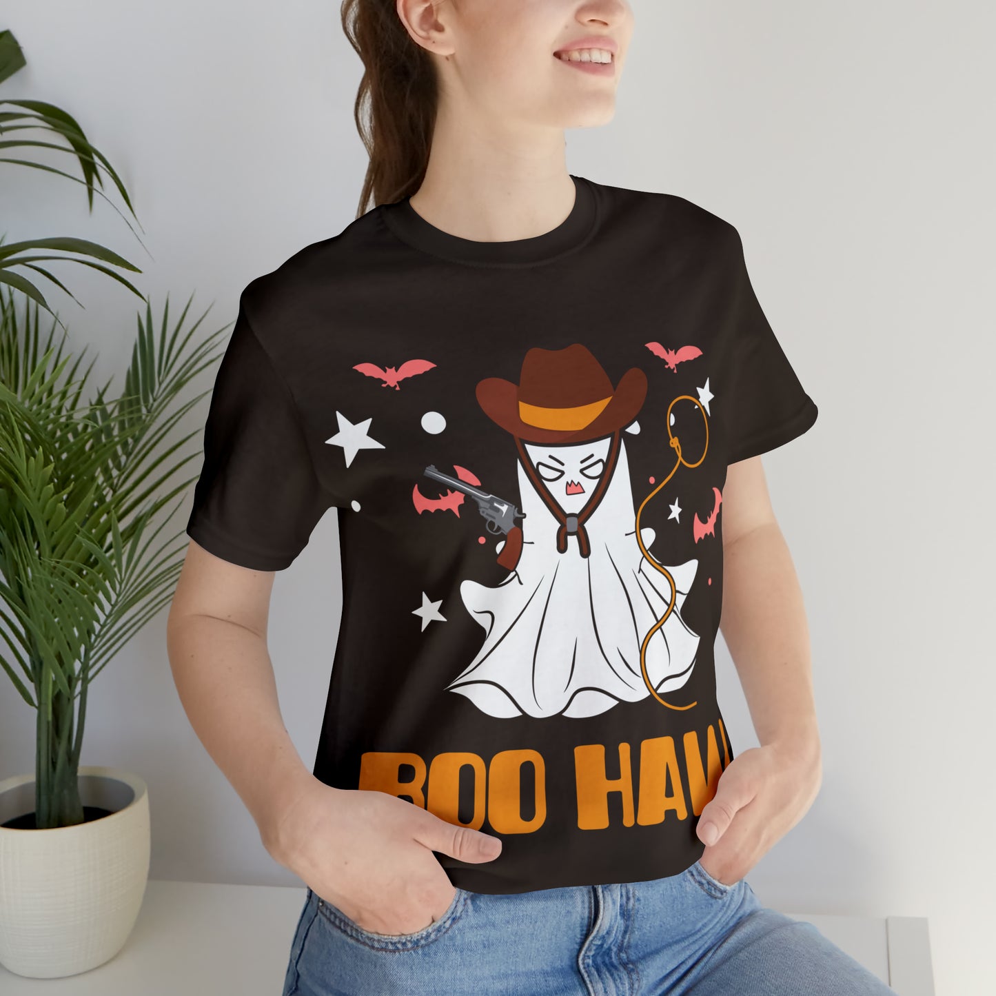 Ghost Cowboy Gunslinger saying Boo Haw Retro Western Halloween Unisex Jersey Short Sleeve Tee Gifts for Her Gifts for Him