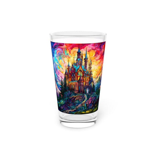 Enchanted Castle by the Creek: A Magical Stained Glass Artwork on a 16oz Pint Glass Gift idea, gifts for home decor, housewarming gift