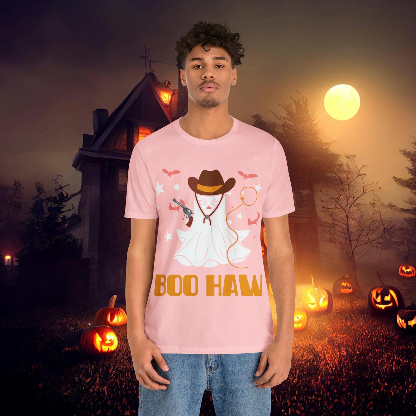 Ghost Cowboy Gunslinger saying Boo Haw Retro Western Halloween Unisex Jersey Short Sleeve Tee Gifts for Her Gifts for Him