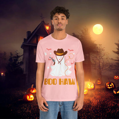 Ghost Cowboy Gunslinger saying Boo Haw Retro Western Halloween Unisex Jersey Short Sleeve Tee Gifts for Her Gifts for Him
