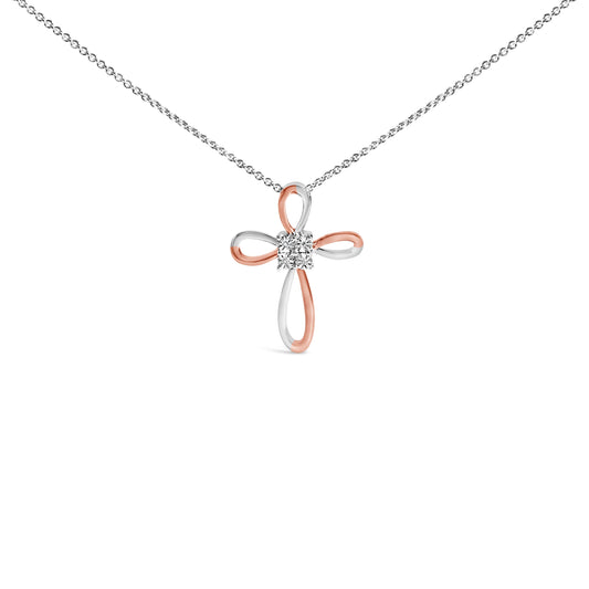 10K Rose Gold Plated Sterling Silver Diamond Accent Cross Pendant Necklace