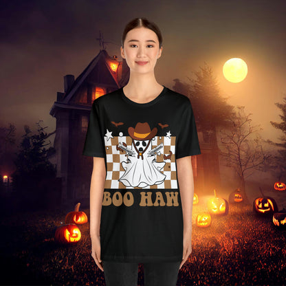 Cowboy Gunslinging Ghost saying Boo Haw Retro Western Halloween Unisex Jersey Short Sleeve Tee Gifts for Him Gifts for Her