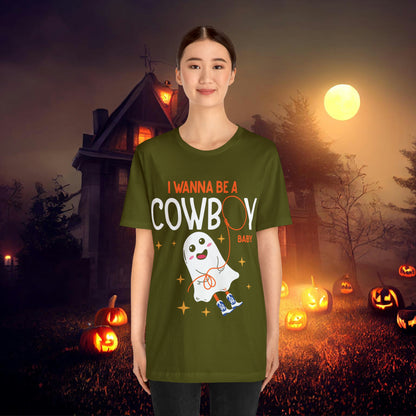 Little Ghost Saying I wanna be a cowboy baby Retro Groovy Western Halloween Unisex Jersey Short Sleeve Tee Gifts for Him Gifts for her.