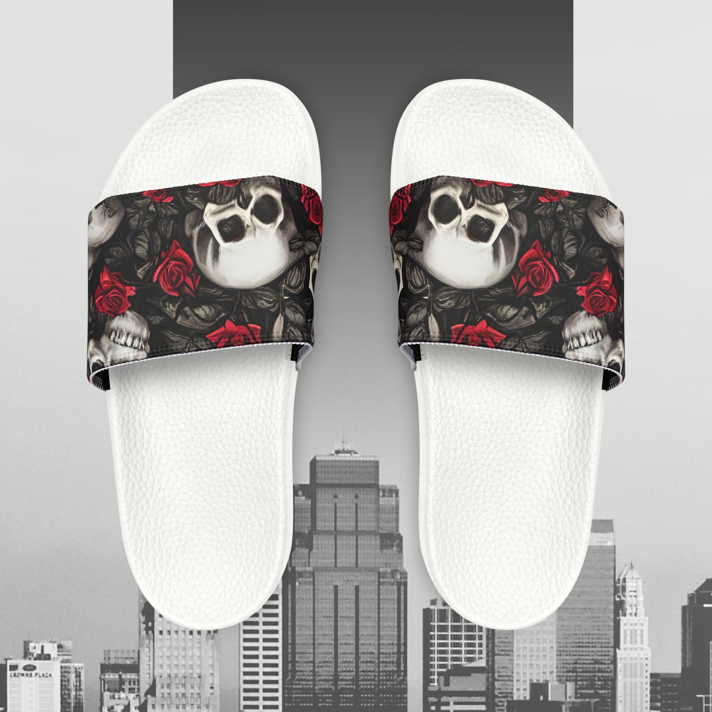 Hyper Realistic Skulls and Red Roses by artist Anne-Laure Goupil Men's PU Slide Sandals