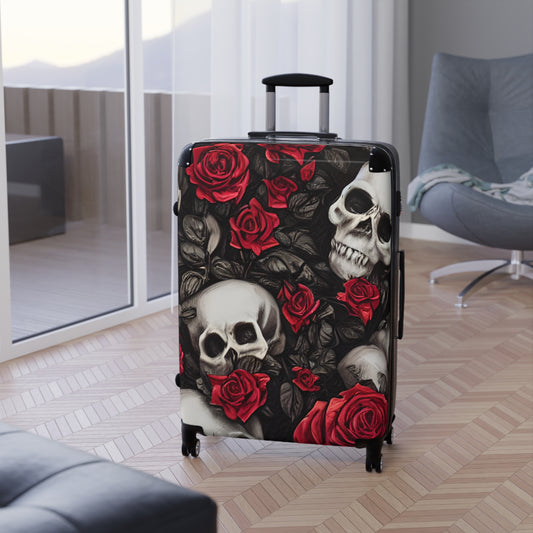 Hyper Realistic Skulls and Red Roses by artist Anne-Laure Goupil Suitcase