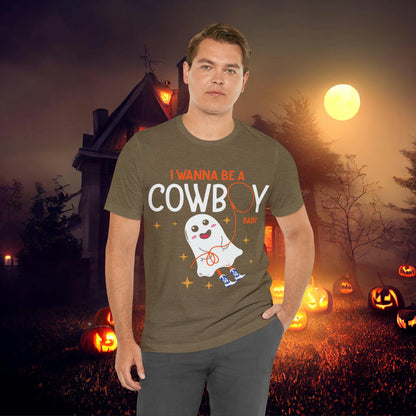 Little Ghost Saying I wanna be a cowboy baby Retro Groovy Western Halloween Unisex Jersey Short Sleeve Tee Gifts for Him Gifts for her.