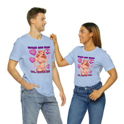 Sarcastic Elegance: Vintage Pink Pinup Girl "Sugar and Spice" on a Bella+Canva 3001 Unisex Jersey T-Shirt - A Must-Have Gift for her