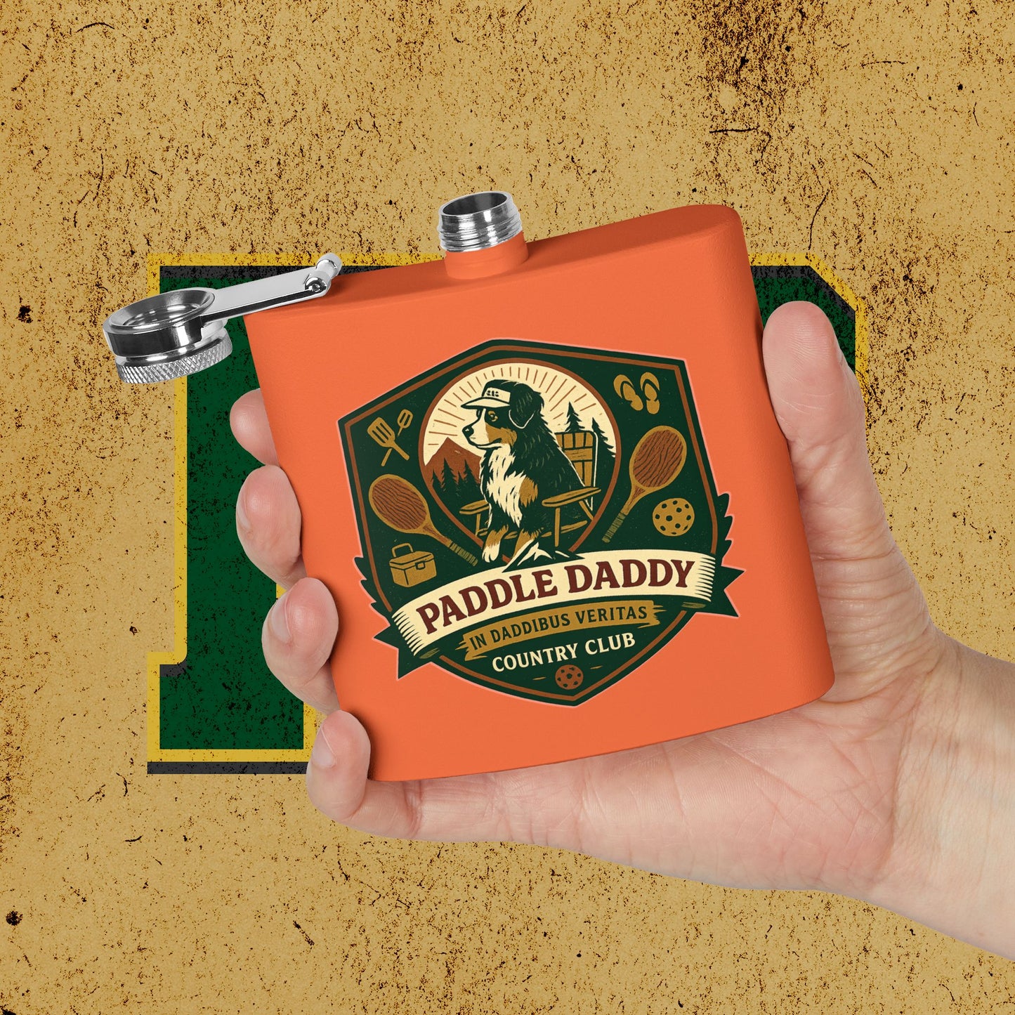 Paddle Daddy Stainless Steel Flask, Chloe Dog Design, Pickleball & Paddle Sports Gift, In Daddibus Veritas Dadcore Accessory