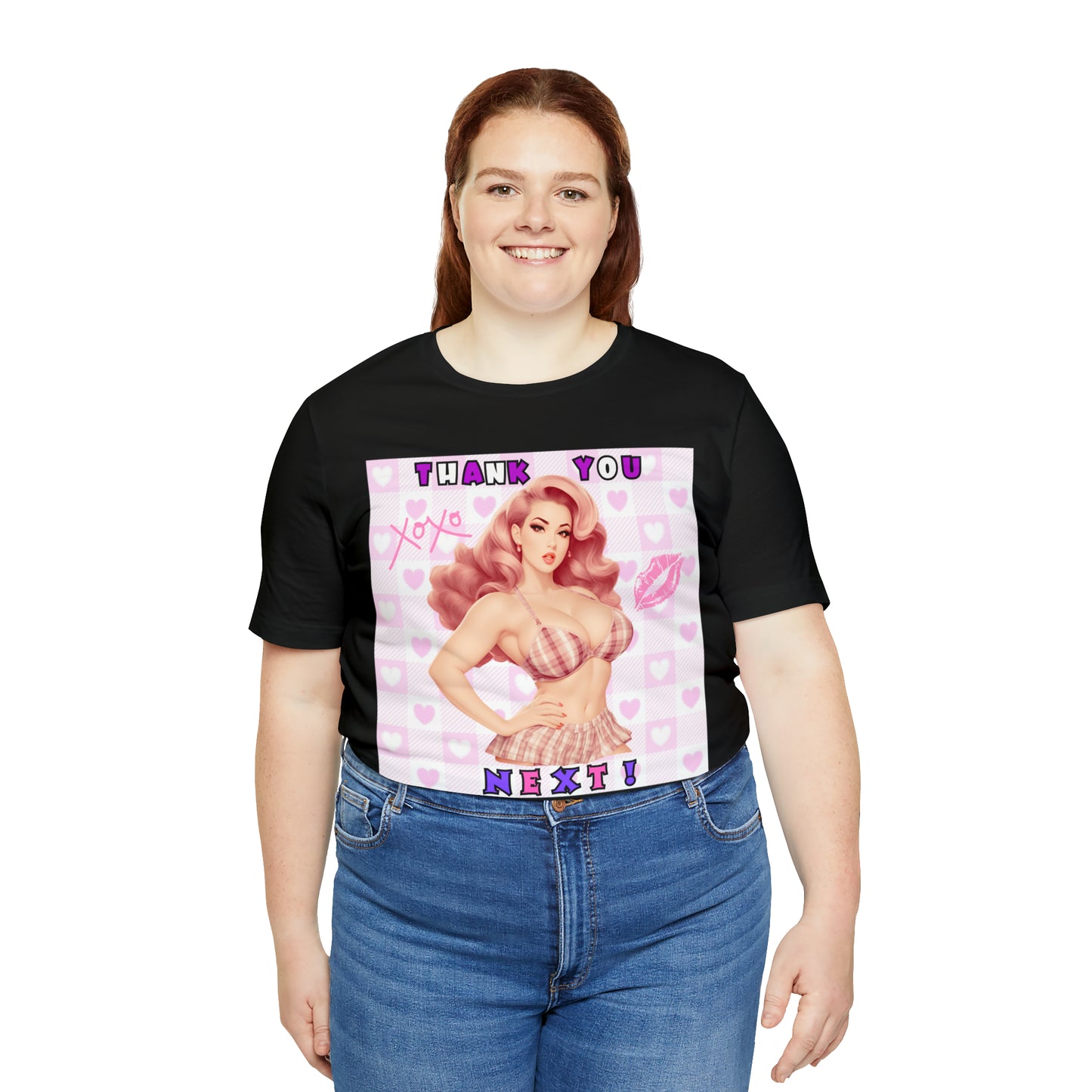 Timeless Elegance: Vintage Pink Pinup Girl "Thank You Next" on a Bella+Canva 3001 Unisex Jersey T-Shirt - A Must-Have Gift for her