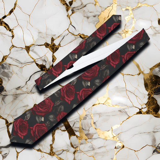 Red Rose Pattern Necktie — Elegant Dark Floral Tie for Weddings & Romantic Gifts