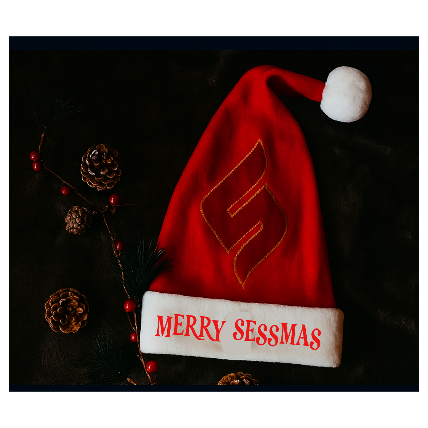 Sled Into Sessmas — The Hat That Roasts Hack Comics by the Fire Santa Hat — Merry Sessmas Embroidered Holiday Hat