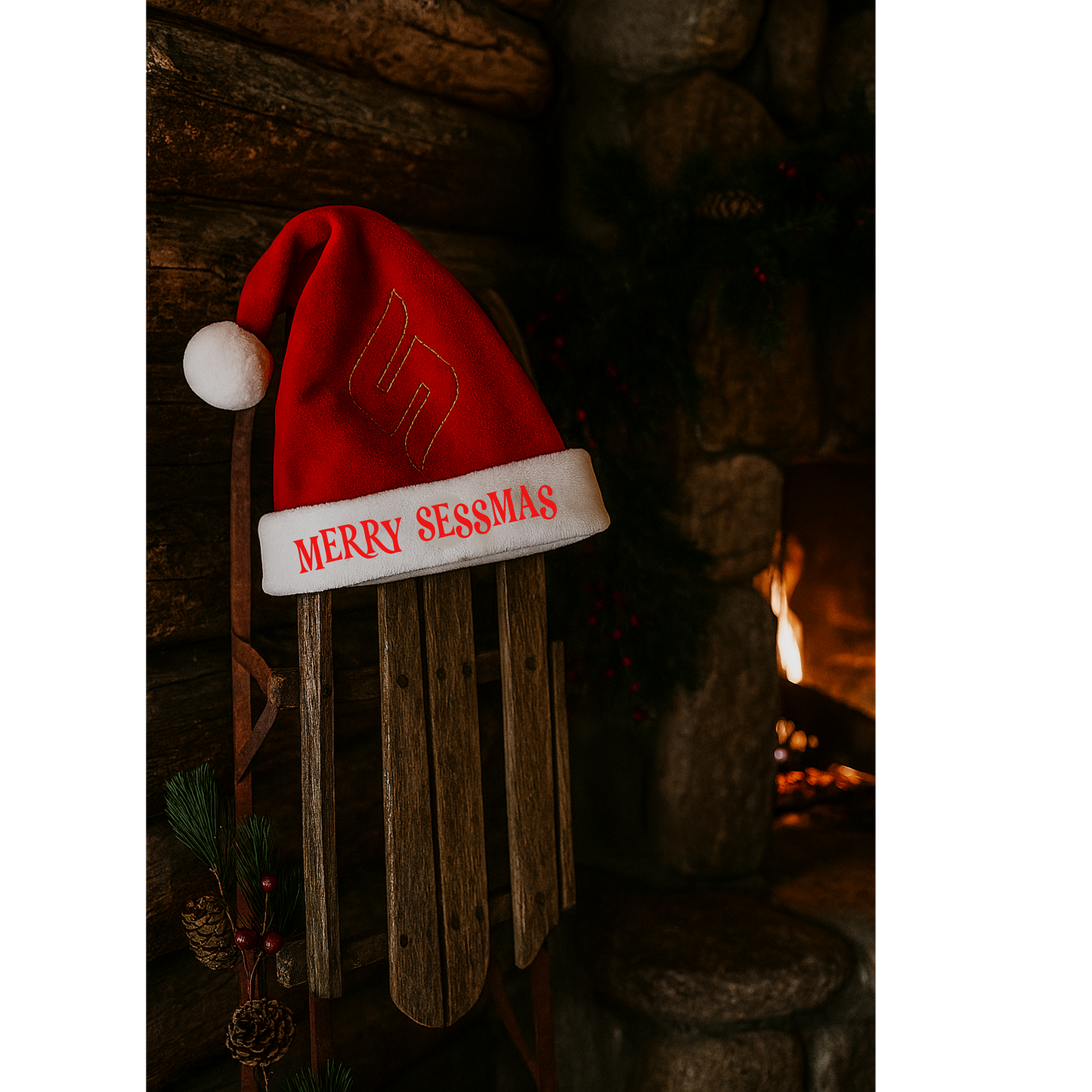 Sled Into Sessmas — The Hat That Roasts Hack Comics by the Fire Santa Hat — Merry Sessmas Embroidered Holiday Hat