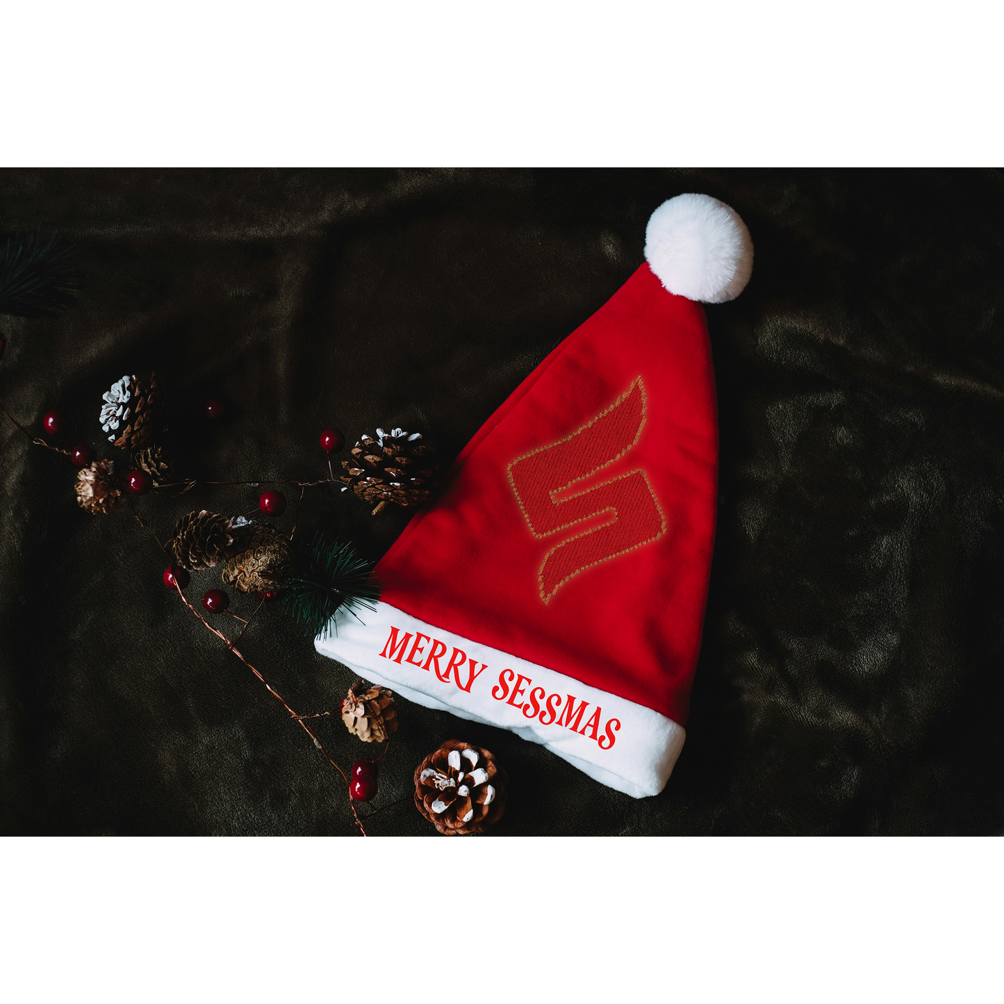 Sled Into Sessmas — The Hat That Roasts Hack Comics by the Fire Santa Hat — Merry Sessmas Embroidered Holiday Hat