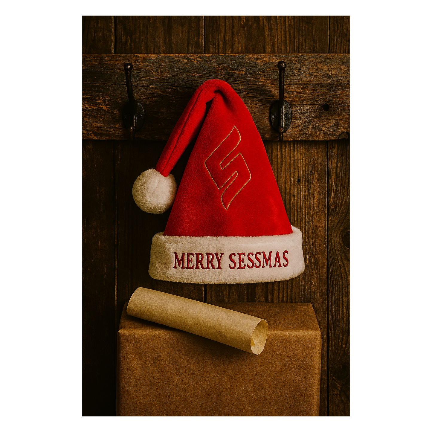 Sled Into Sessmas — The Hat That Roasts Hack Comics by the Fire Santa Hat — Merry Sessmas Embroidered Holiday Hat