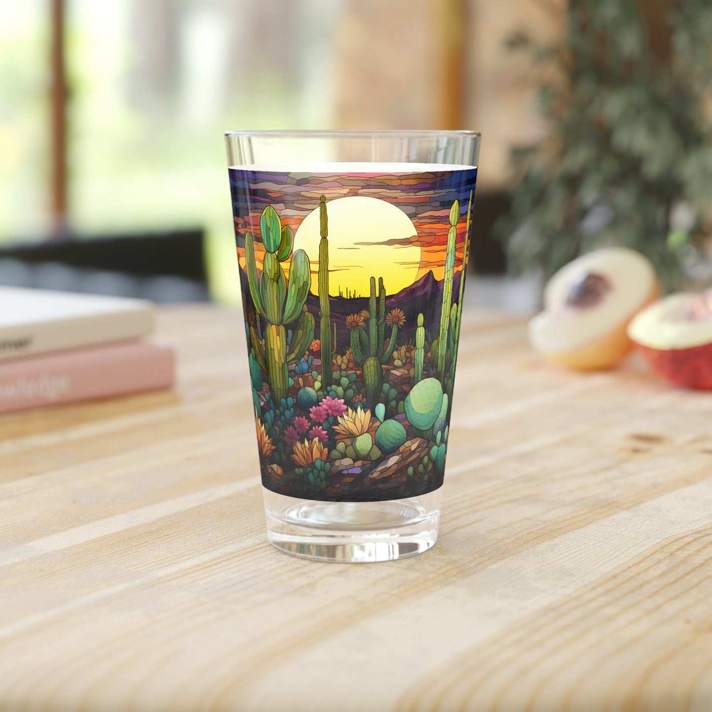 Nighttime in the Desert with a Cactus Bloom: A Stained Glass Tribute to Cacti 16oz Pint Glass Gift idea gifts for home decor housewarming gift