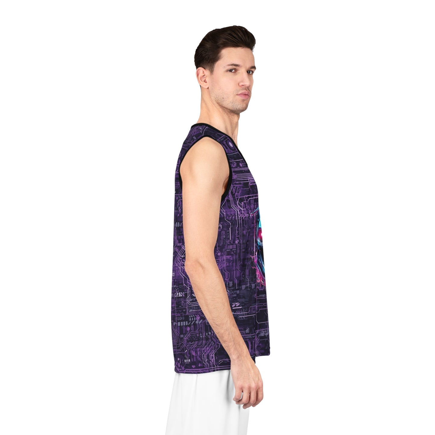 CyberPunk Cybernetic Skull breaking through a Purple Neon Circuit Board Basketball Jersey (AOP)