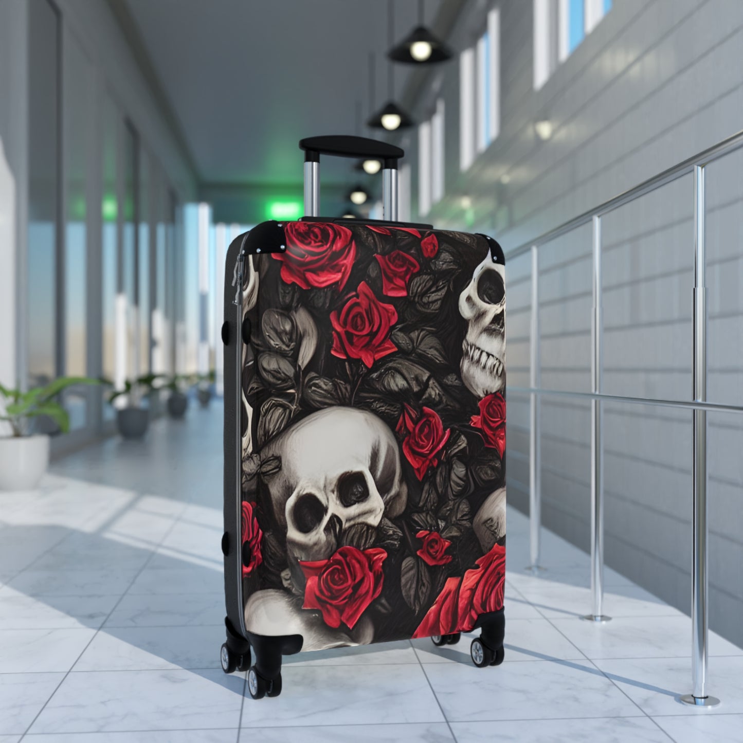 Hyper Realistic Skulls and Red Roses by artist Anne-Laure Goupil Suitcase