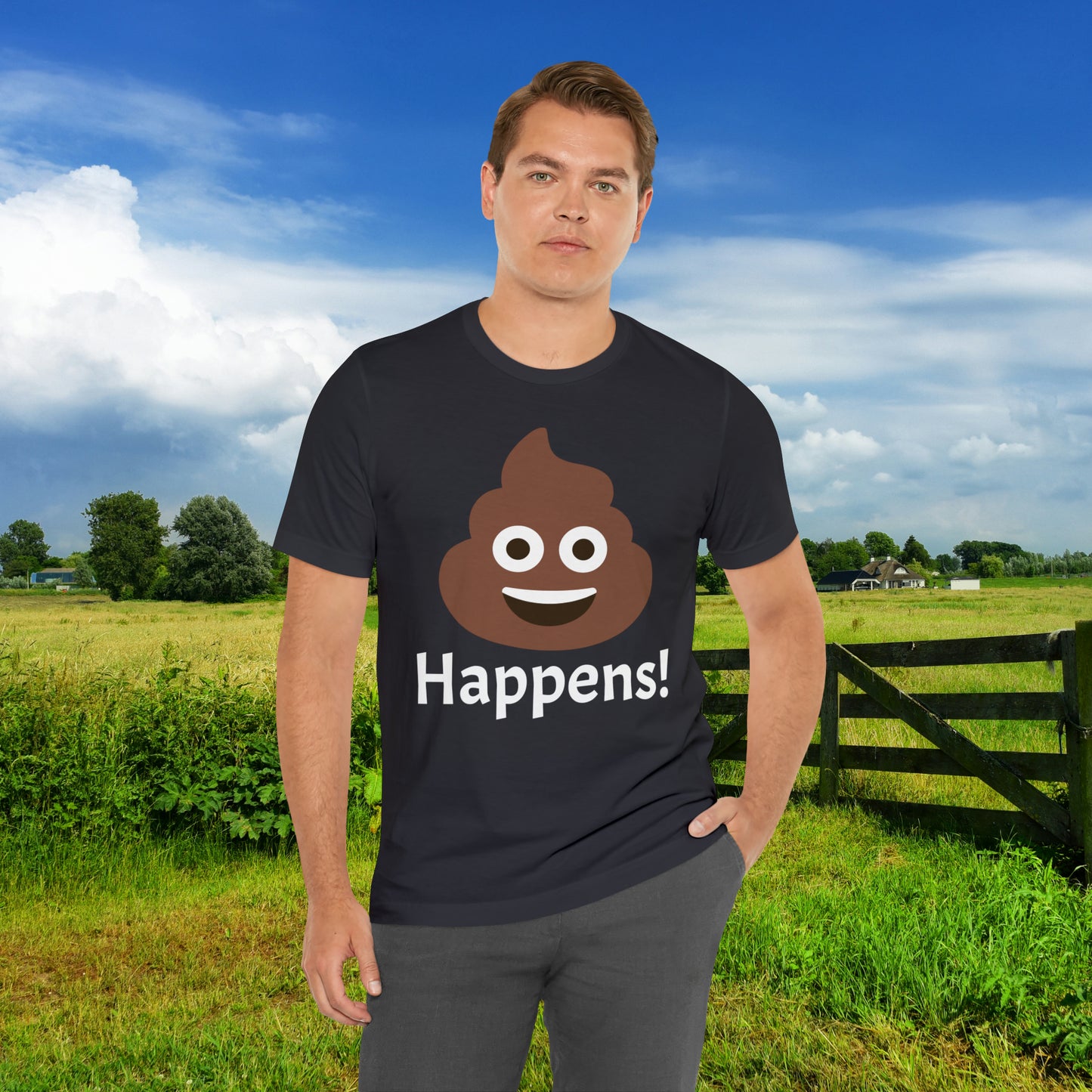 Embrace the Inevitable: 'Happens' Poop Emoji Unisex Jersey T-Shirt