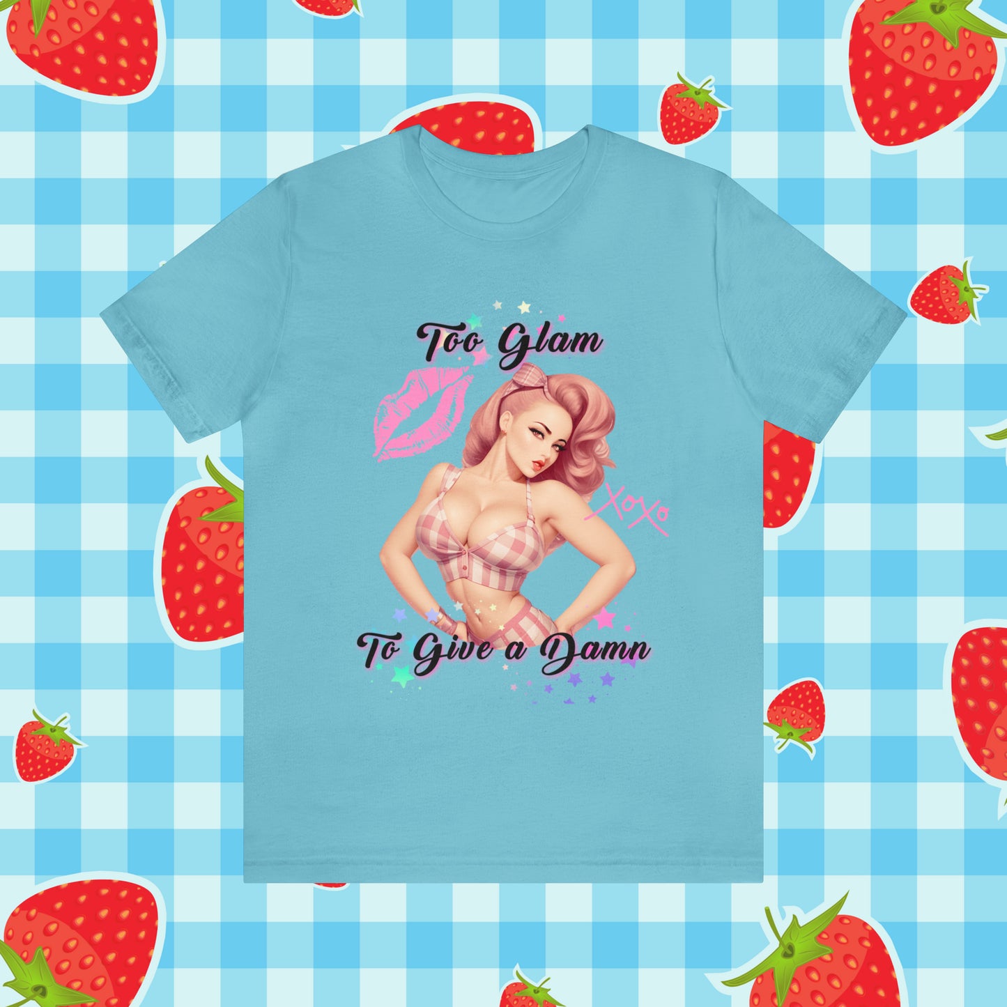 Vintage Pink Pinup Girl "Too Glam To Give a D*mn" on a Bella+Canva 3001 Unisex Jersey T-Shirt - A Must-Have Gift for her