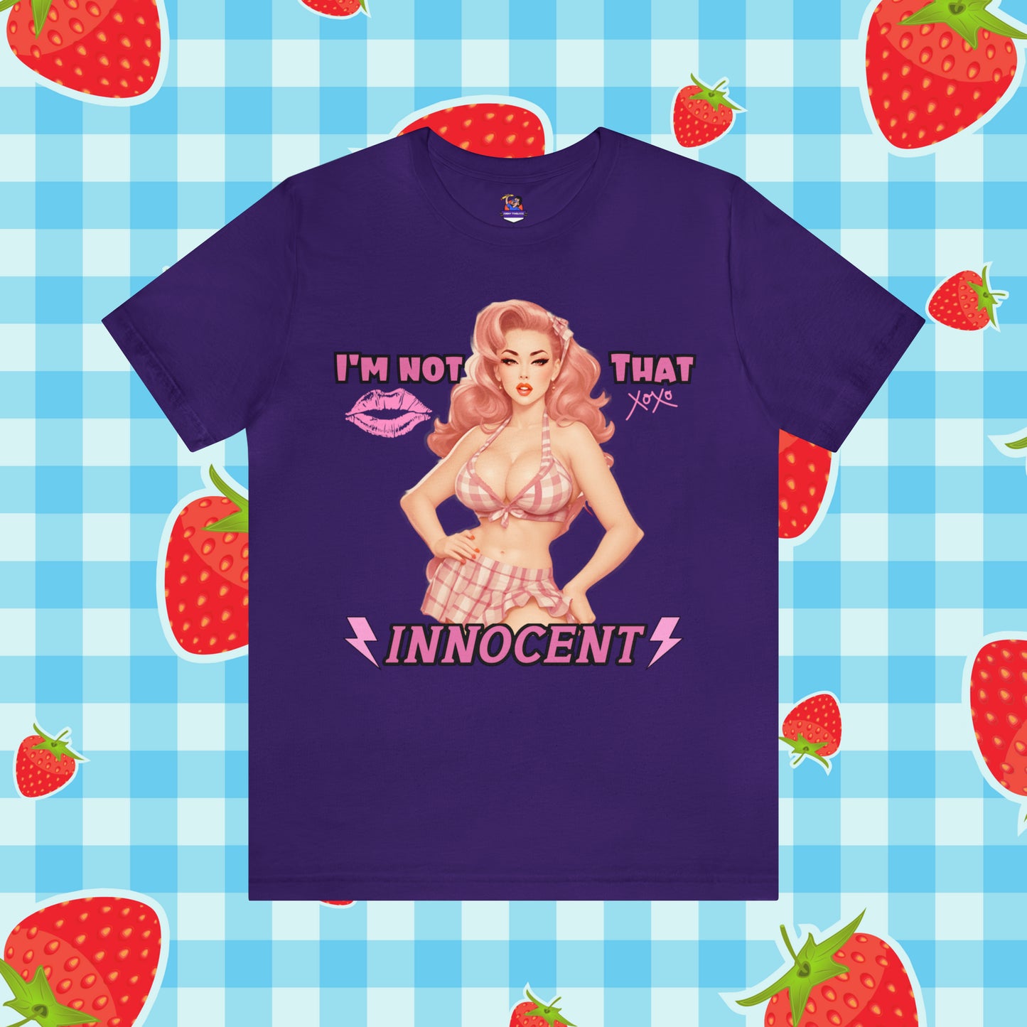 Sarcastic Vintage Pink Pinup Girl "I'm not That Innocent" on a Bella+Canva 3001 Unisex Jersey T-Shirt - A Must-Have Gift for her