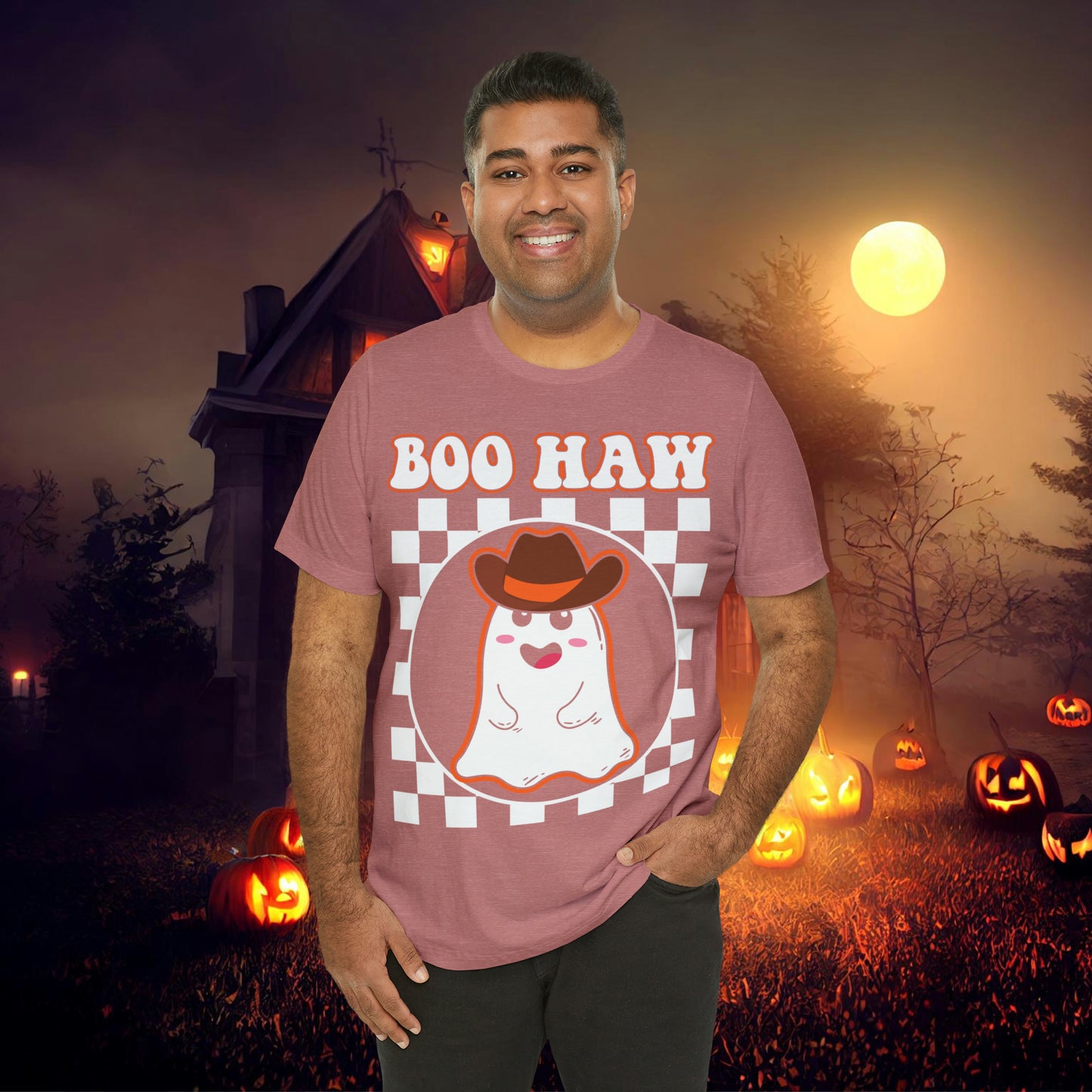 Cute Cowboy Ghost Saying Boo Haw Retro Groovy Western Halloween Unisex Jersey Short Sleeve Tee Gifts for Him Gifts For Her