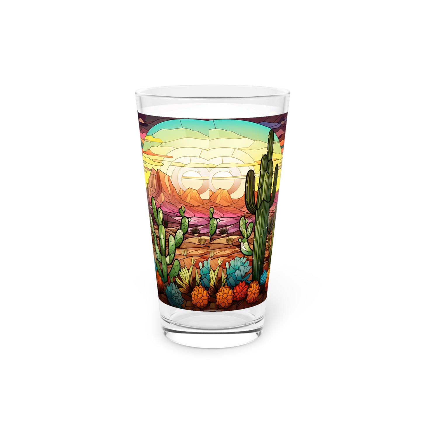 Desert Cactus Bloom: A Stained Glass Tribute to Cacti 16oz Pint Glass Gift idea gifts for home decor housewarming gift