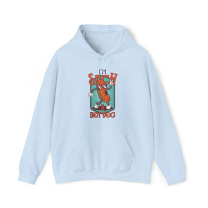 "DirkyThreadz Hot Dog Coolness Hoodie - Quirky Cartoon Design in Bold Blue"