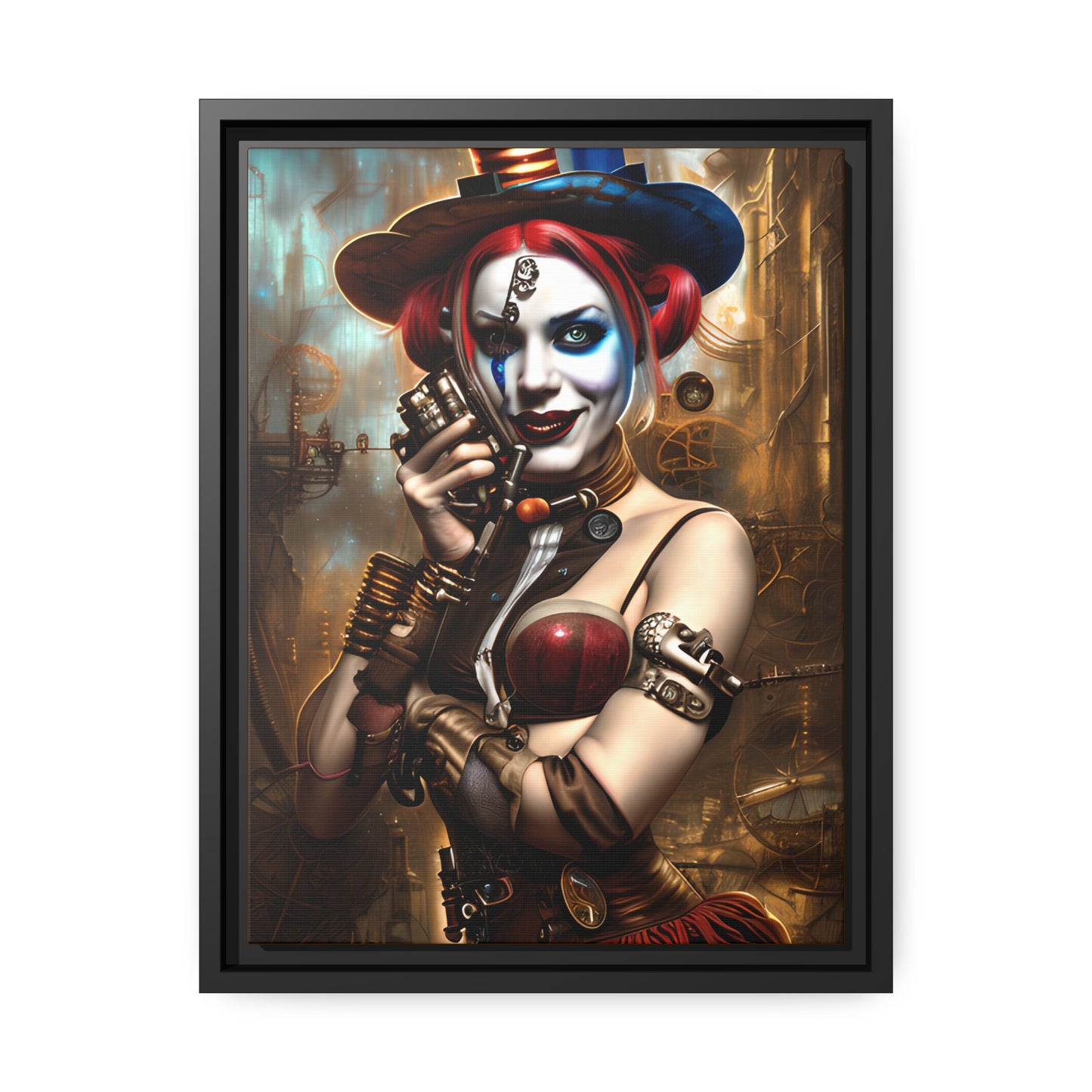 Hyper Realistic Steampunk Harley Quinn Matte Canvas, Black Frame