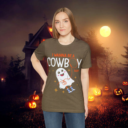Little Ghost Saying I wanna be a cowboy baby Retro Groovy Western Halloween Unisex Jersey Short Sleeve Tee Gifts for Him Gifts for her.