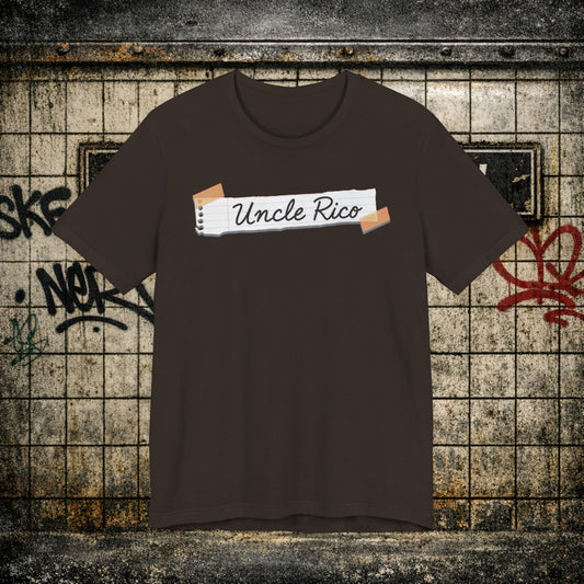 Uncle Rico Graphic Tee — Retro Notebook Tape Design