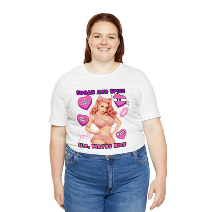 Sarcastic Elegance: Vintage Pink Pinup Girl "Sugar and Spice" on a Bella+Canva 3001 Unisex Jersey T-Shirt - A Must-Have Gift for her